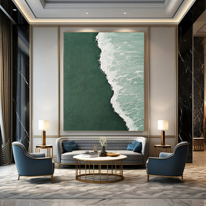 Contemporary hand-painted abstract artwork depicting a serene clash of dark green and light white ocean waves with intricate designs and a cool backdrop. DLZ1183