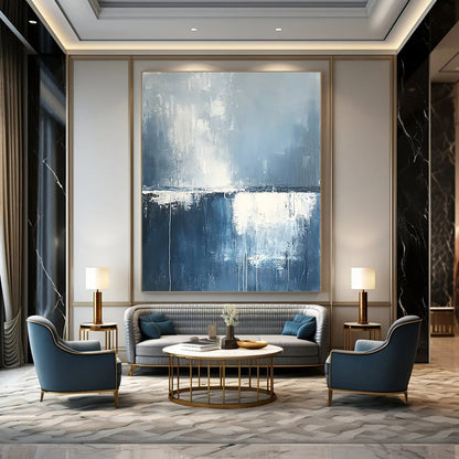 Contemporary hand-painted abstract art featuring misty clouds and rain over the ocean in soothing blue and grey tones with soft white edges. DLZ0630