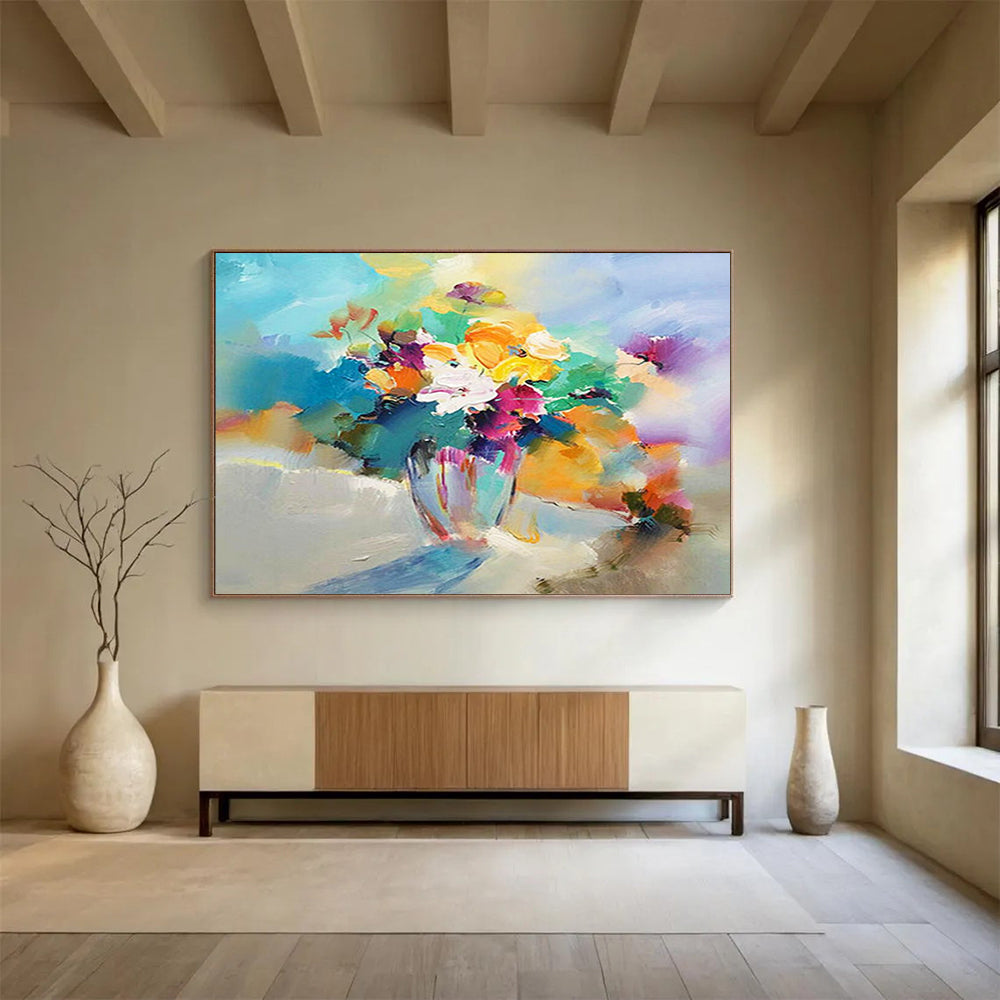Colorful Flower Vase Oil Painting - Vibrant Living Room or Dining Room Art DLZ191