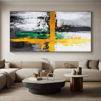 Gray, Black, Gold, Green and White Abstract Cross "Vibrant Crossroads" Painting On Canvas HB350