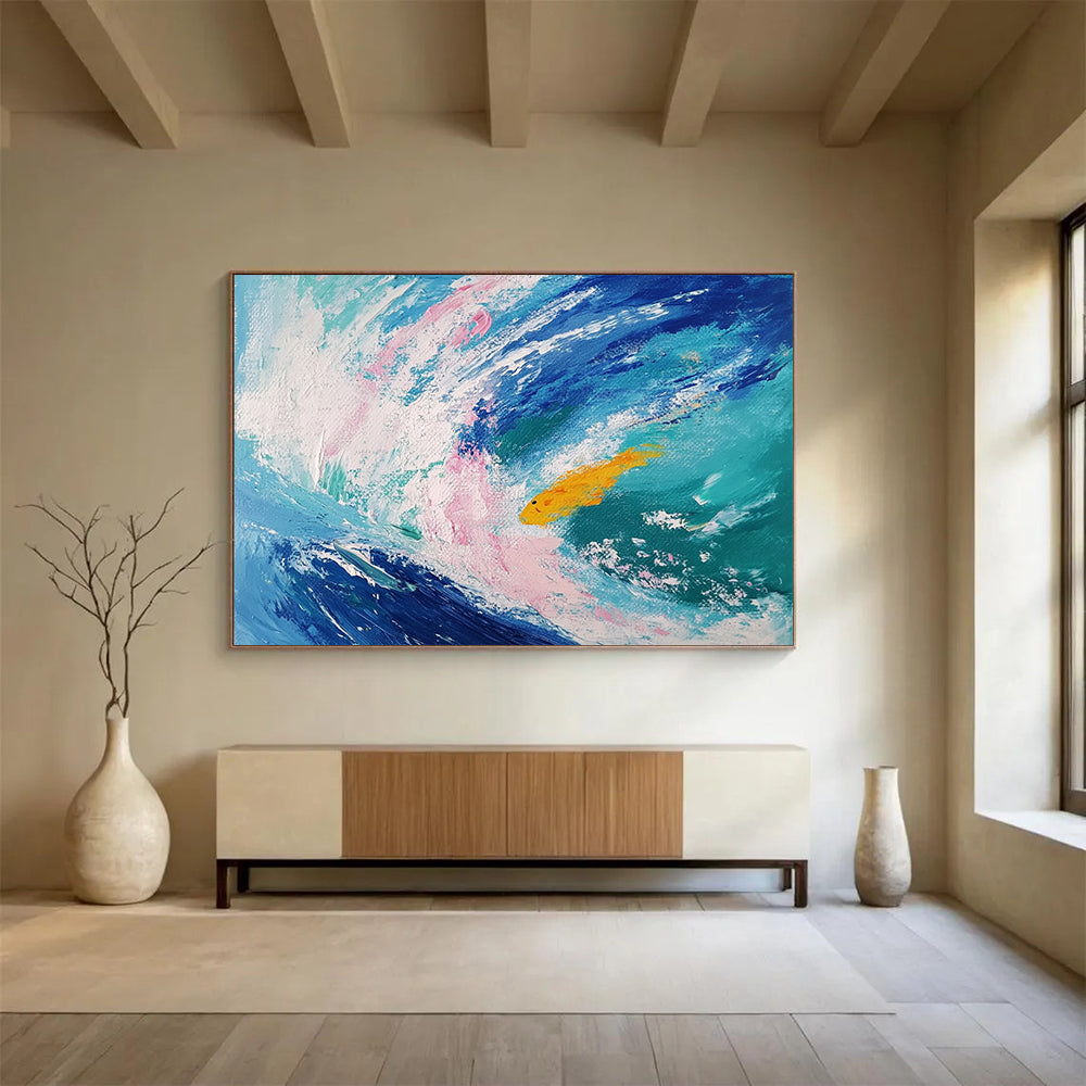 “Playful Fish in Colorful Waves” - Blue, pink, yellow; Abstract fish in waves; Expressive Acrylic Painting On Canvas HB1190
