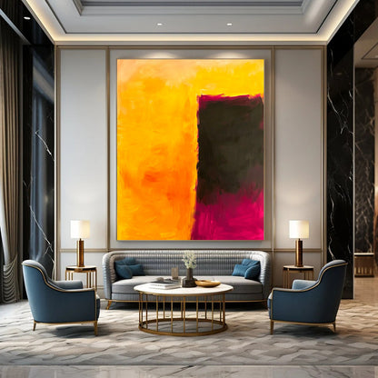 Contemporary hand-painted abstract art featuring a striking interplay of yellow and dark pink, evoking emotion and contemplation in a minimalist style. DLZ1363
