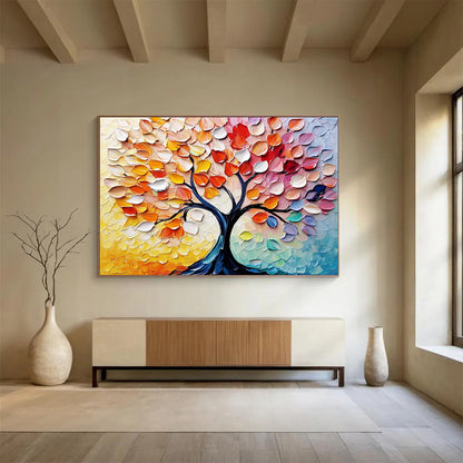 “Colorful Autumn Tree with Textured Leaves” - Yellow, Orange, Red, Pink, Colorful Leaf Textures - Palette Knife Acrylic Painting HB1637