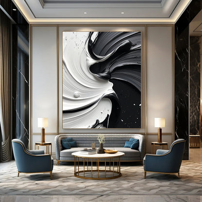 Large contemporary abstract painting featuring a dynamic swirl of white and black paint that enhances depth and elegance in any space. DLZ1476