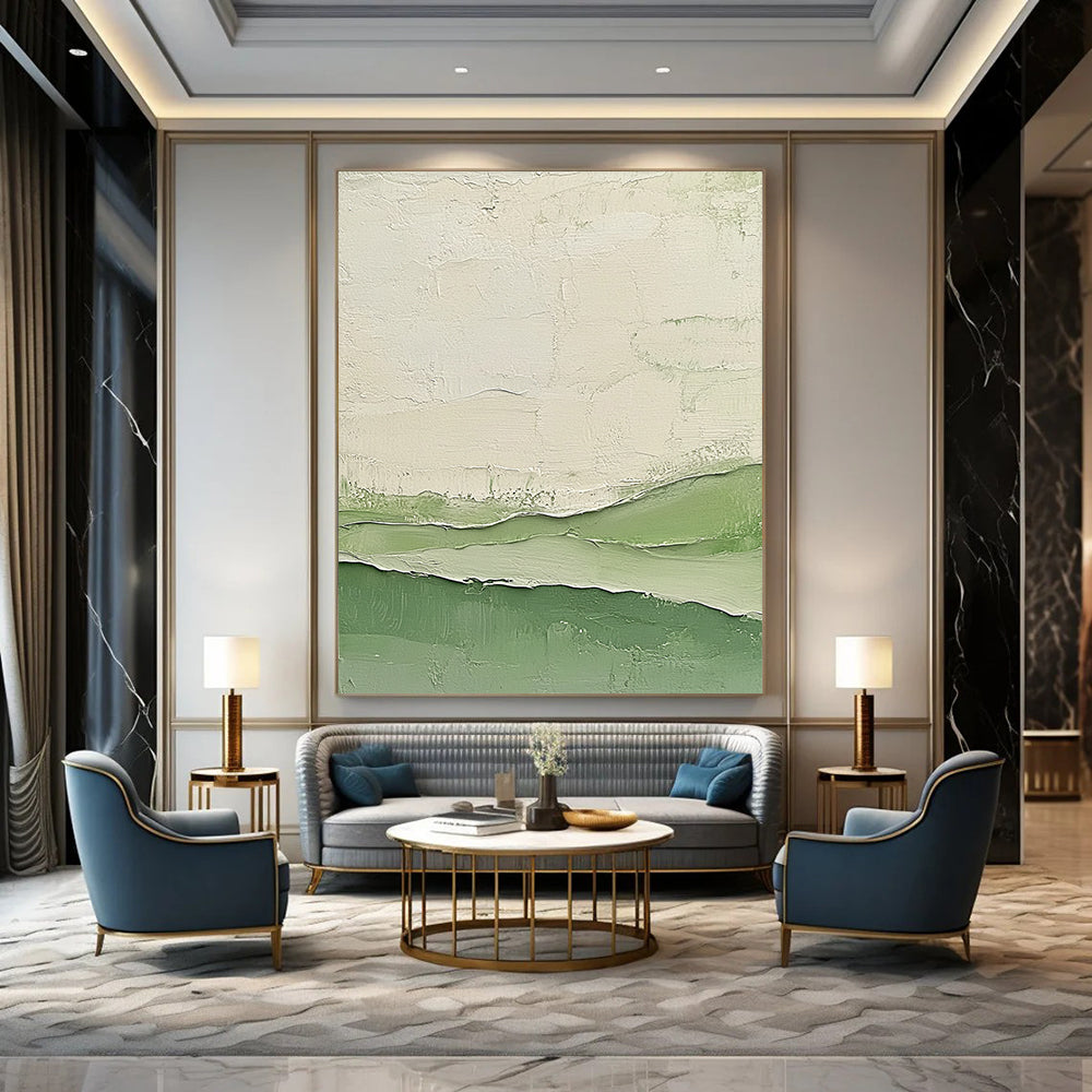 Contemporary abstract artwork featuring impasto technique with calm green and white tones and layered cream swatches evocative of serene water waves. DLZ1350
