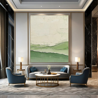Contemporary abstract artwork featuring impasto technique with calm green and white tones and layered cream swatches evocative of serene water waves. DLZ1350