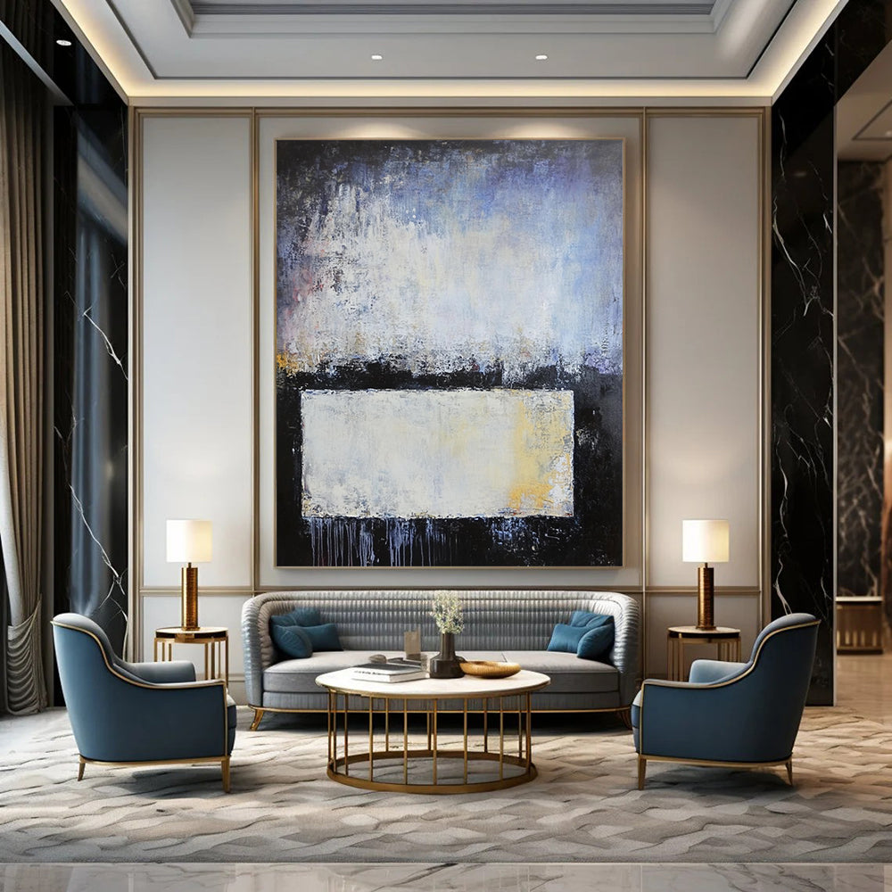 Contemporary hand-painted abstract artwork with blue gray and white layers soft edges textured metal elements evokes calmness and contemplation. DLZ0752