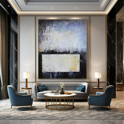 Contemporary hand-painted abstract artwork with blue gray and white layers soft edges textured metal elements evokes calmness and contemplation. DLZ0752