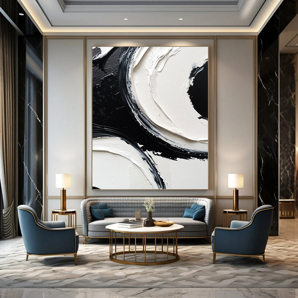 Contemporary abstract painting featuring monochrome black and white circles on a large canvas with meticulous brush strokes and high-resolution detail. DLZ0613