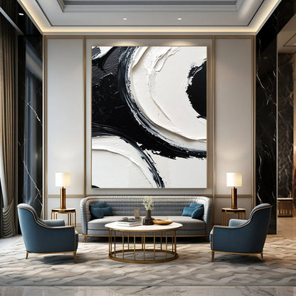 Contemporary abstract painting featuring monochrome black and white circles on a large canvas with meticulous brush strokes and high-resolution detail. DLZ0613