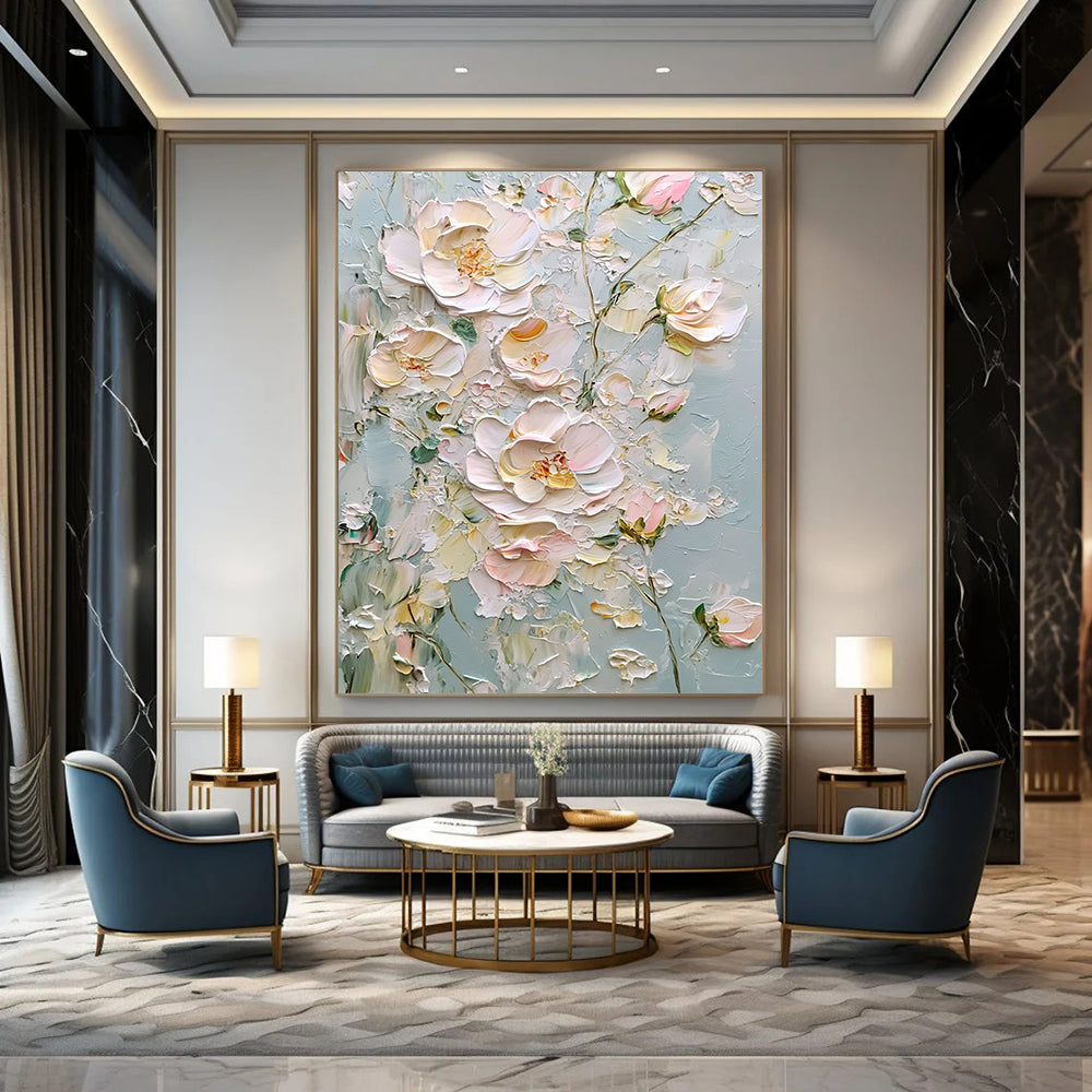 Contemporary hand-painted abstract art featuring light pink and white flowers on a gray background with thick impasto texture and a dreamy atmosphere. DLZ1669