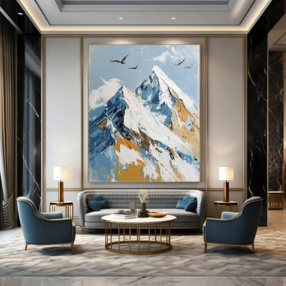 Contemporary abstract painting depicting Mount Everest's summit with flying birds, featuring a serene palette of white, blue, and gold. DLZ0493