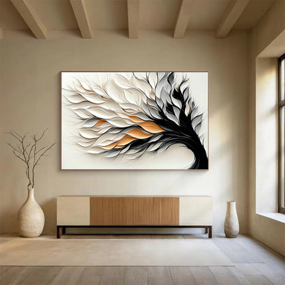 “Textured Tree” - White, Gray, Black, Gold with Layered Leaves - 3D Abstract Sculpture HB1345