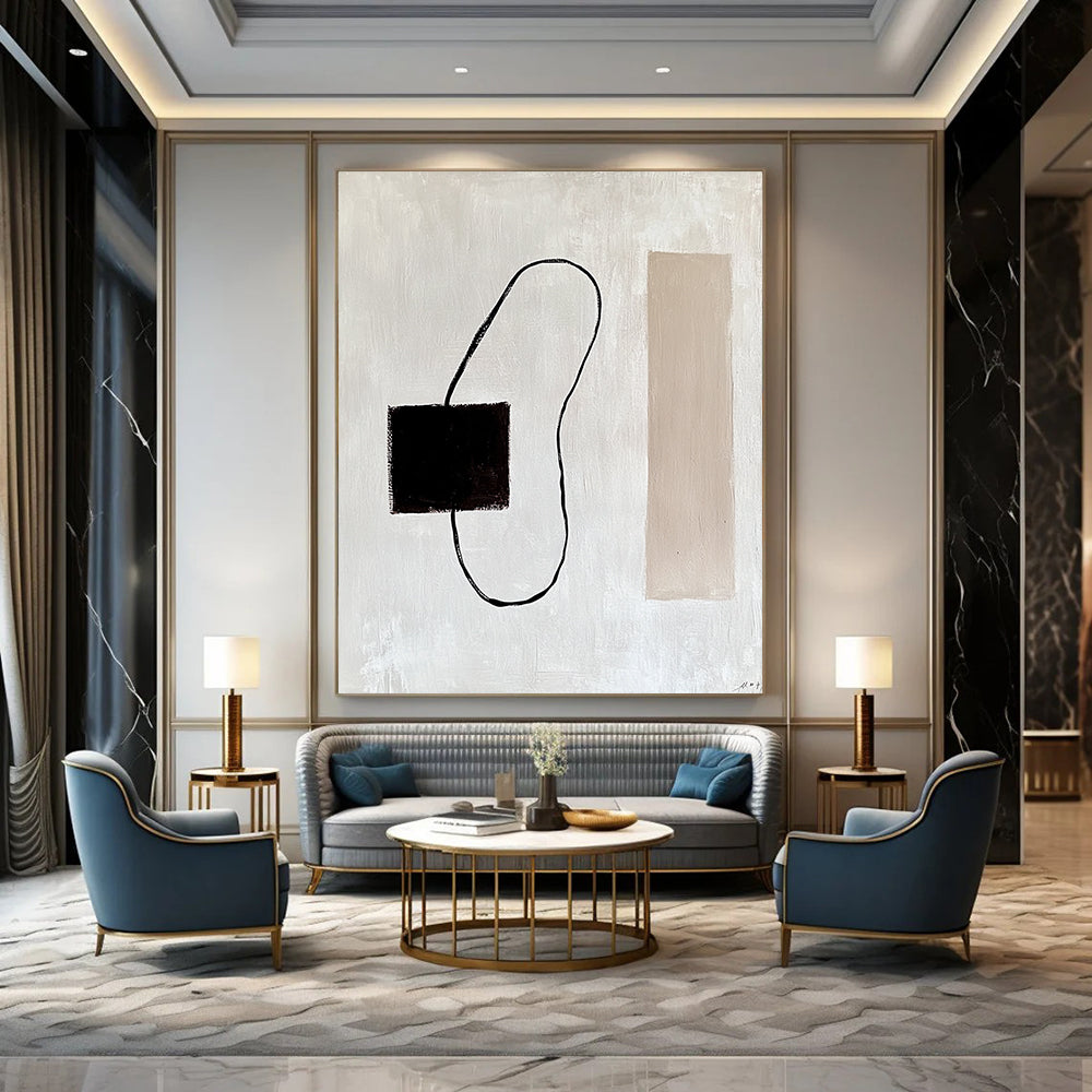 Contemporary abstract painting featuring a dark brown electrical wire on a white background with minimalist lines and a beige rectangle inspired by Matisse. DLZ1316