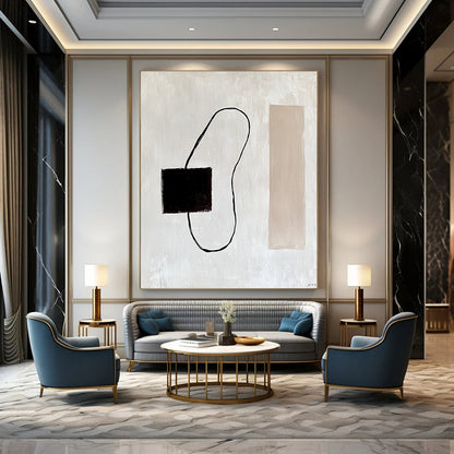 Contemporary abstract painting featuring a dark brown electrical wire on a white background with minimalist lines and a beige rectangle inspired by Matisse. DLZ1316