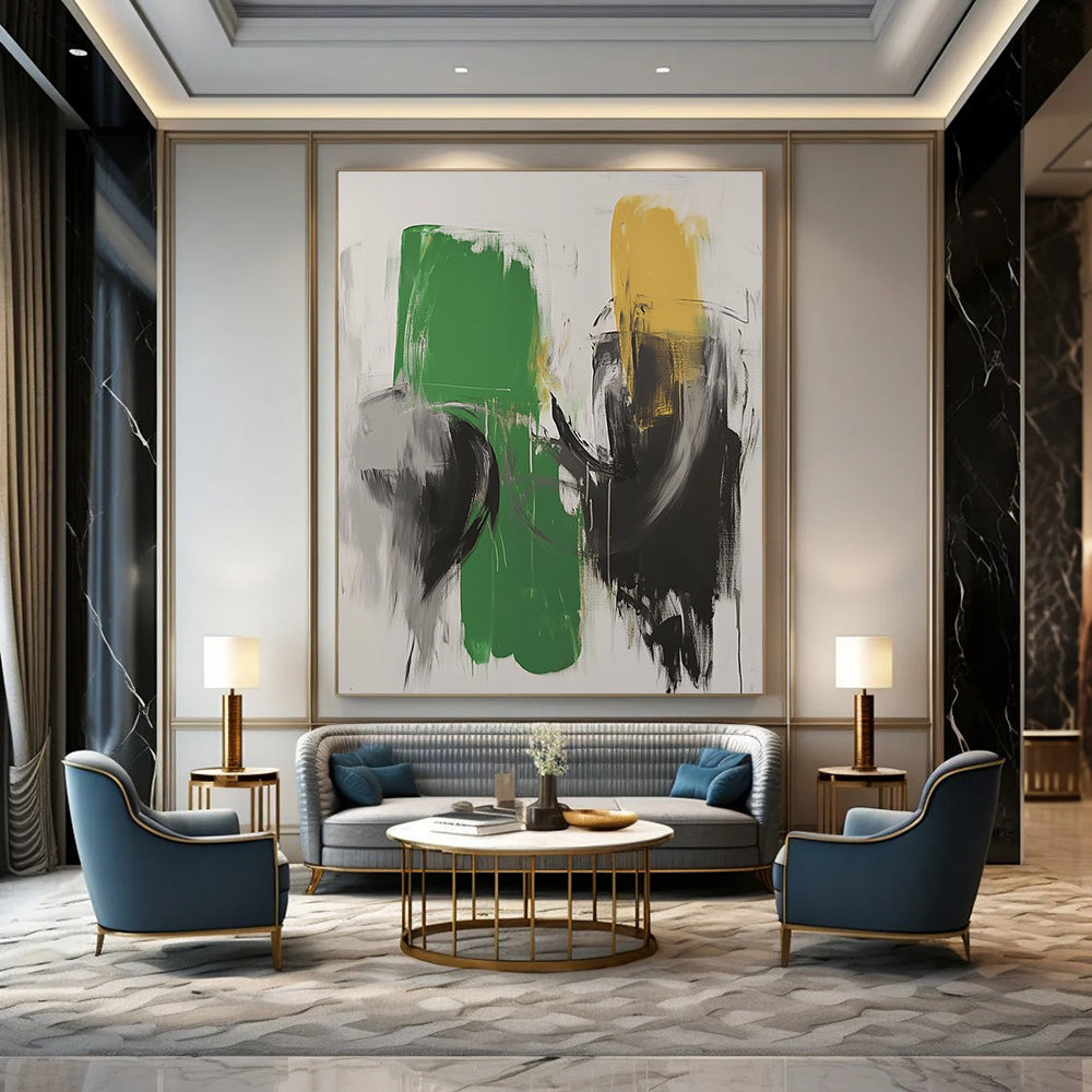 Large contemporary hand-painted abstract artwork featuring green and white tones with black strokes and blurred robot forms in dark gray. DLZ0523