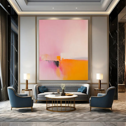 Contemporary abstract painting featuring muted pinks and yellows with soft oranges and minimalism showcasing an abstract dragon head under a vast sky. DLZ1657