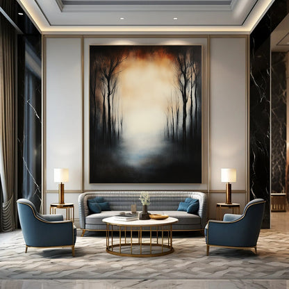 Large contemporary hand-painted abstract artwork featuring a forest of dead trees under eerie fog with a glowing sky and a mysterious blurred effect. DLZ1264