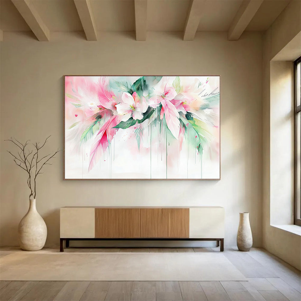 “Dreamy Floral Watercolor with Feathers” - Pink, White, Green, Softly Flowing Flowers and Feathers - Watercolor Painting HB1773