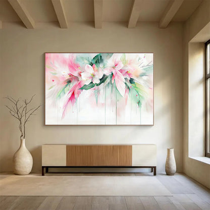 “Dreamy Floral Watercolor with Feathers” - Pink, White, Green, Softly Flowing Flowers and Feathers - Watercolor Painting HB1773