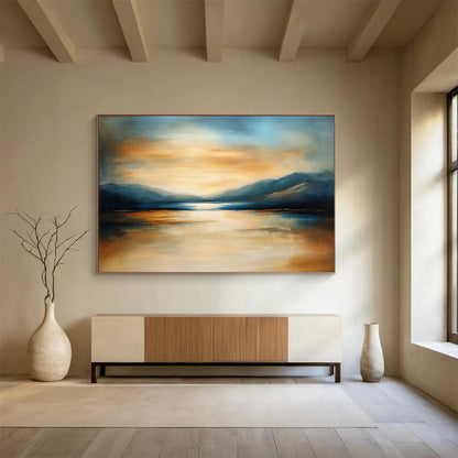 “Mountain Lake Sunset” - Orange, Blue, Beige, Landscape Oil On Canvas HB0703