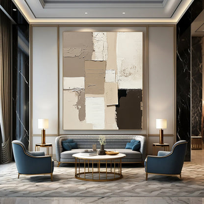 Large contemporary hand-painted abstract artwork featuring beige and neutral tones with expressive brush strokes on a minimalist canvas. DLZ0293