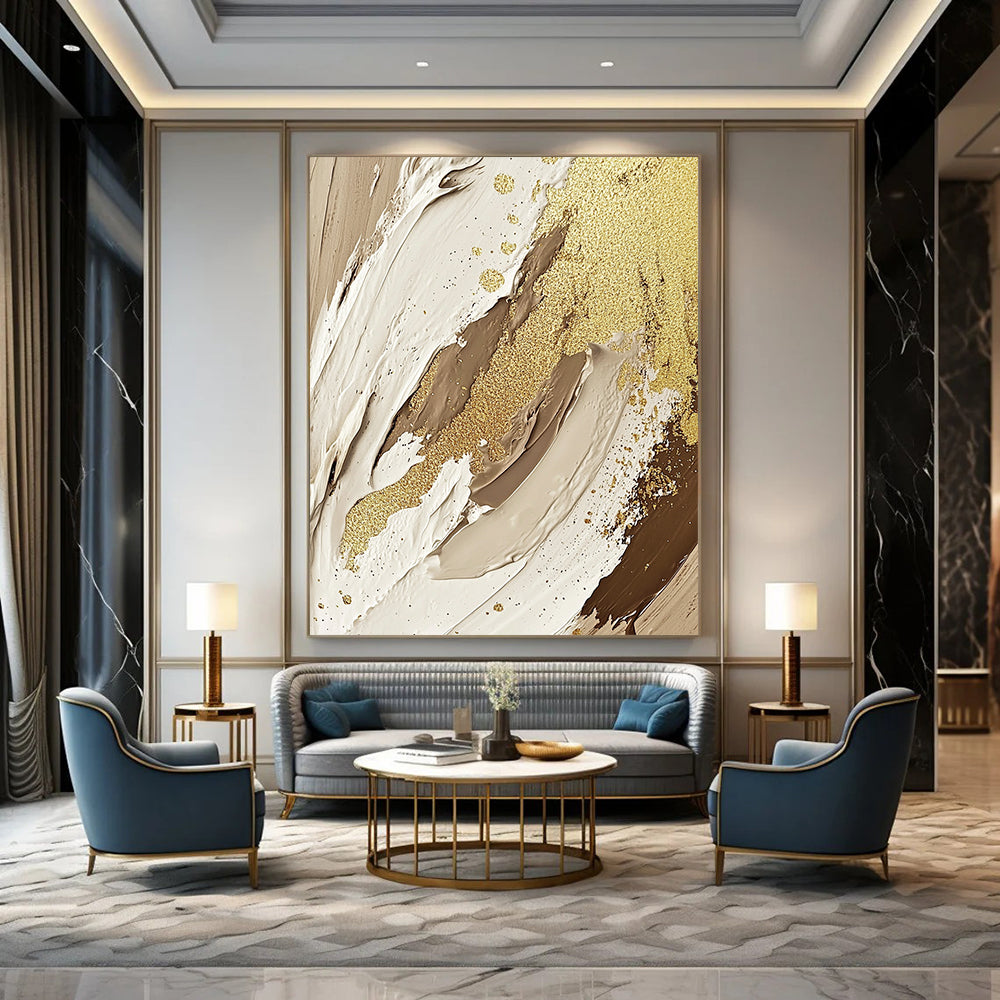 Large contemporary hand-painted abstract artwork featuring textures of cream, beige, and white with gold foil accents and glitter for an elegant touch. DLZ1188