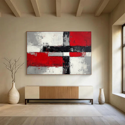 “Geometric Color Blocks” - Reds, grays, whites, blacks; Abstract geometric shapes; Minimalist Abstract Painting On Canvas HB1165