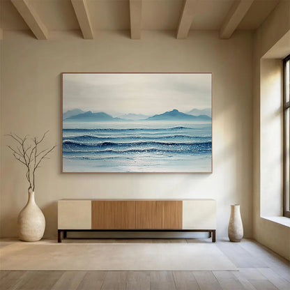 “Sparkling Sea and Distant Peaks” - Shades of Blue, White, Silver, Glittering Ocean and Mountains - Textured Oil Painting HB1612