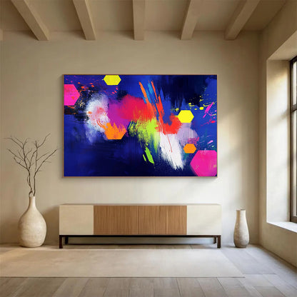 “Neon Colorful Hexagons on Blue” - Neon Palette, Hexagon Shapes on Blue Painting On Canvas HB0864