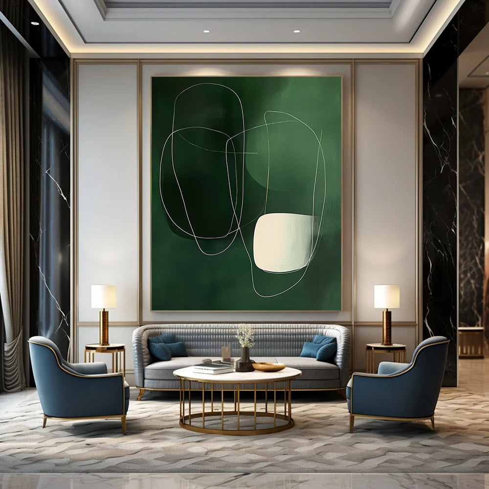 Large contemporary hand-painted abstract art featuring minimalist white lines and shapes on a dark green background with smooth organic curves. DLZ0754