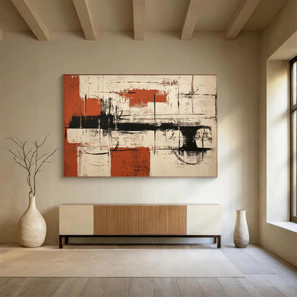 “Red Black White Abstract” - Red, Black, White, Textured Forms, Grid Elements - Painting On Canvas HB1439