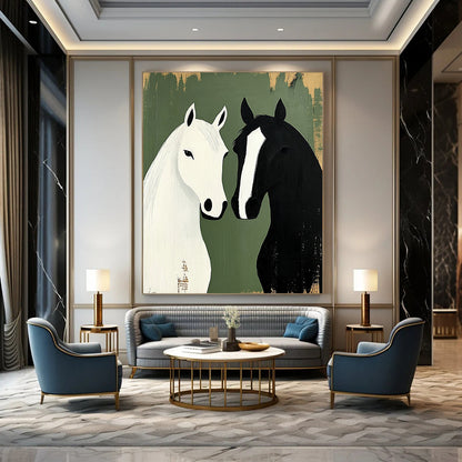 Contemporary abstract artwork featuring two horses in minimalist style against a green background, capturing rustic farmhouse charm and harmony in design. DLZ1719