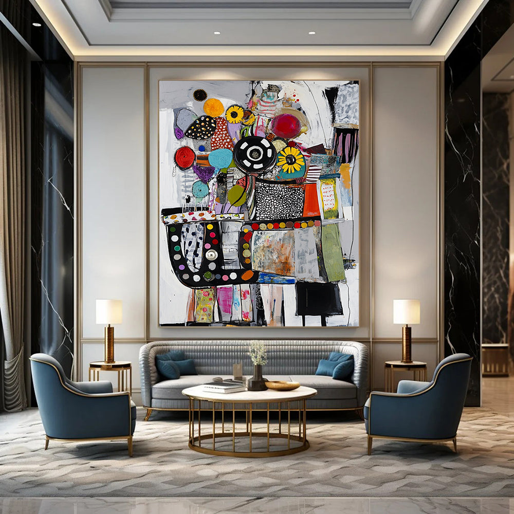 Contemporary abstract painting featuring collage-style car engine crafted from diverse materials in a vibrant palette of colors including black white red and blue. DLZ0953