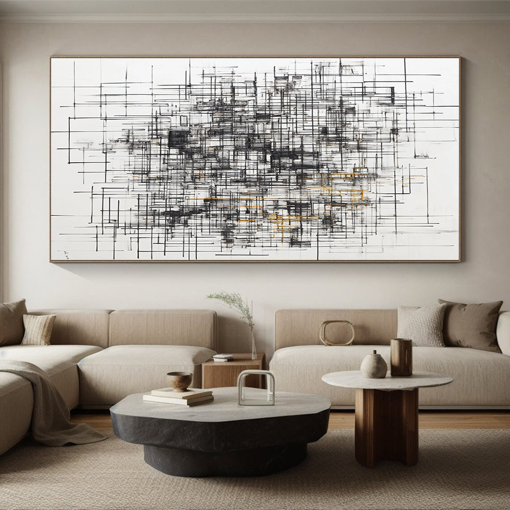Black, White, Gray, Gold, Grid of Lines "Gilded Matrix" Abstract Minimalist Painting On Canvas HB125
