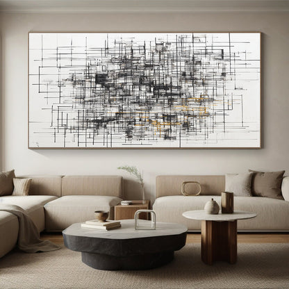 Black, White, Gray, Gold, Grid of Lines "Gilded Matrix" Abstract Minimalist Painting On Canvas HB125