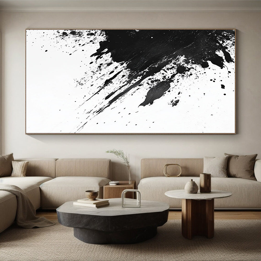 Black and White Energetic Splatter "Dynamic Impact" Painting On Canvas HB300
