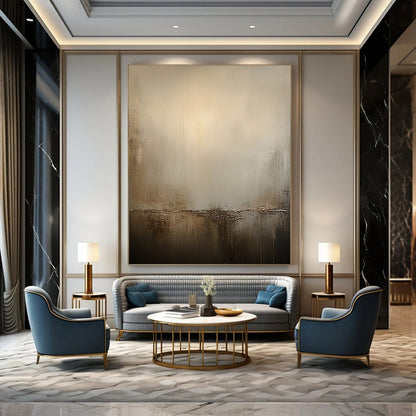 Large contemporary hand-painted abstract artwork in warm neutral tones featuring textured beige walls that evoke tranquility and depth without clear outlines. DLZ0988