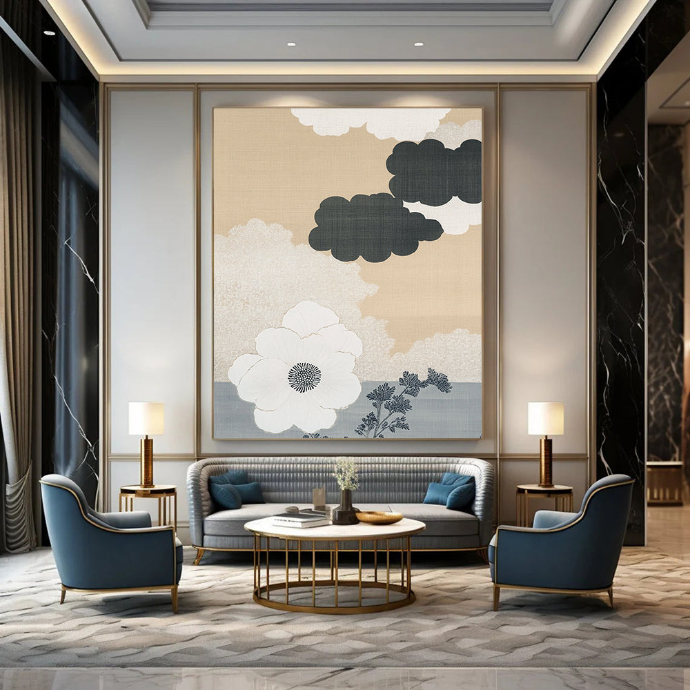 Contemporary abstract art features a beige and white cloud pattern on a gray ombre background with a large white flower and minimalist accents. DLZ1134