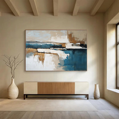“Abstract Coastal Landscape” - Blue, Beige, White, Brown with Layered Forms - Painting On Canvas HB1384