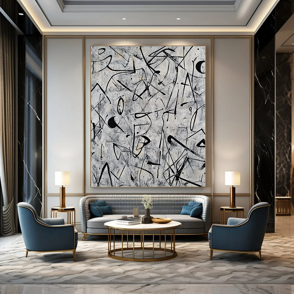 Contemporary abstract artwork featuring intricate doodles and shapes in black ink on a grey background inspired by Pollock and Basquiat. DLZ0628