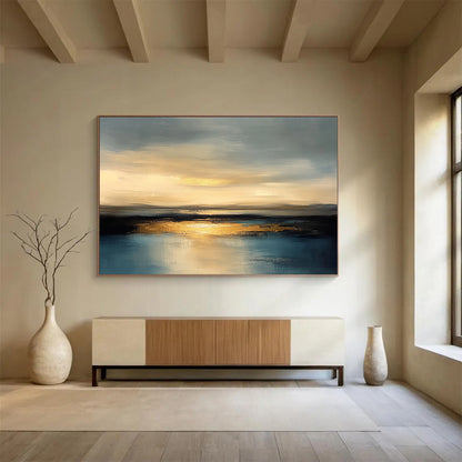 “Golden Sunset Reflection” - Gray, Gold, Blue - Abstract Sunset Over Water - Acrylic Painting HB1306