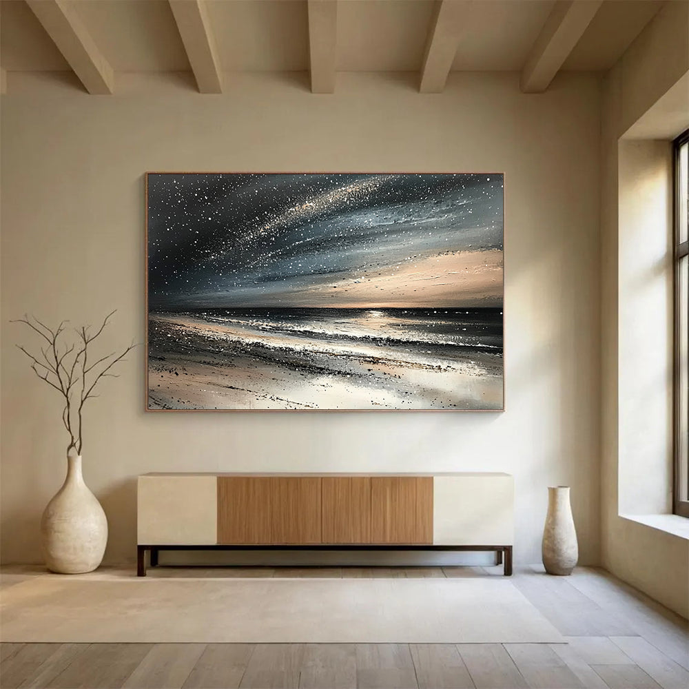 “Starry Night Beach” - Blacks, Whites, Grays, Beiges, Beach Under a Starry Sky - Impasto Oil Painting HB1741