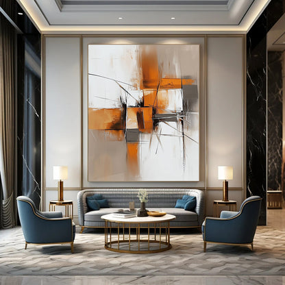 Contemporary hand-painted abstract artwork features light orange and dark gray tones with brush strokes and shapes on a textured white background. DLZ0680