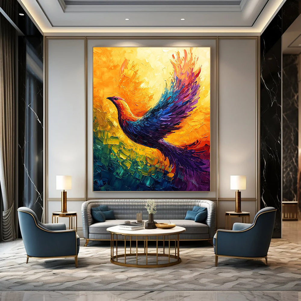 Contemporary abstract art featuring a vibrant phoenix with radiant colors and dynamic brush strokes, creating a captivating display of movement and energy. DLZ1500