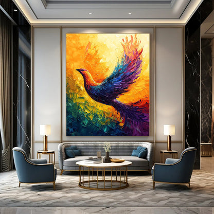 Contemporary abstract art featuring a vibrant phoenix with radiant colors and dynamic brush strokes, creating a captivating display of movement and energy. DLZ1500