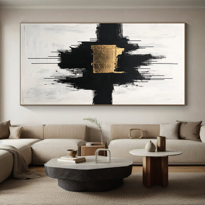 Black, White and Gold Abstract "Gilded Center" Painting On Canvas HB404