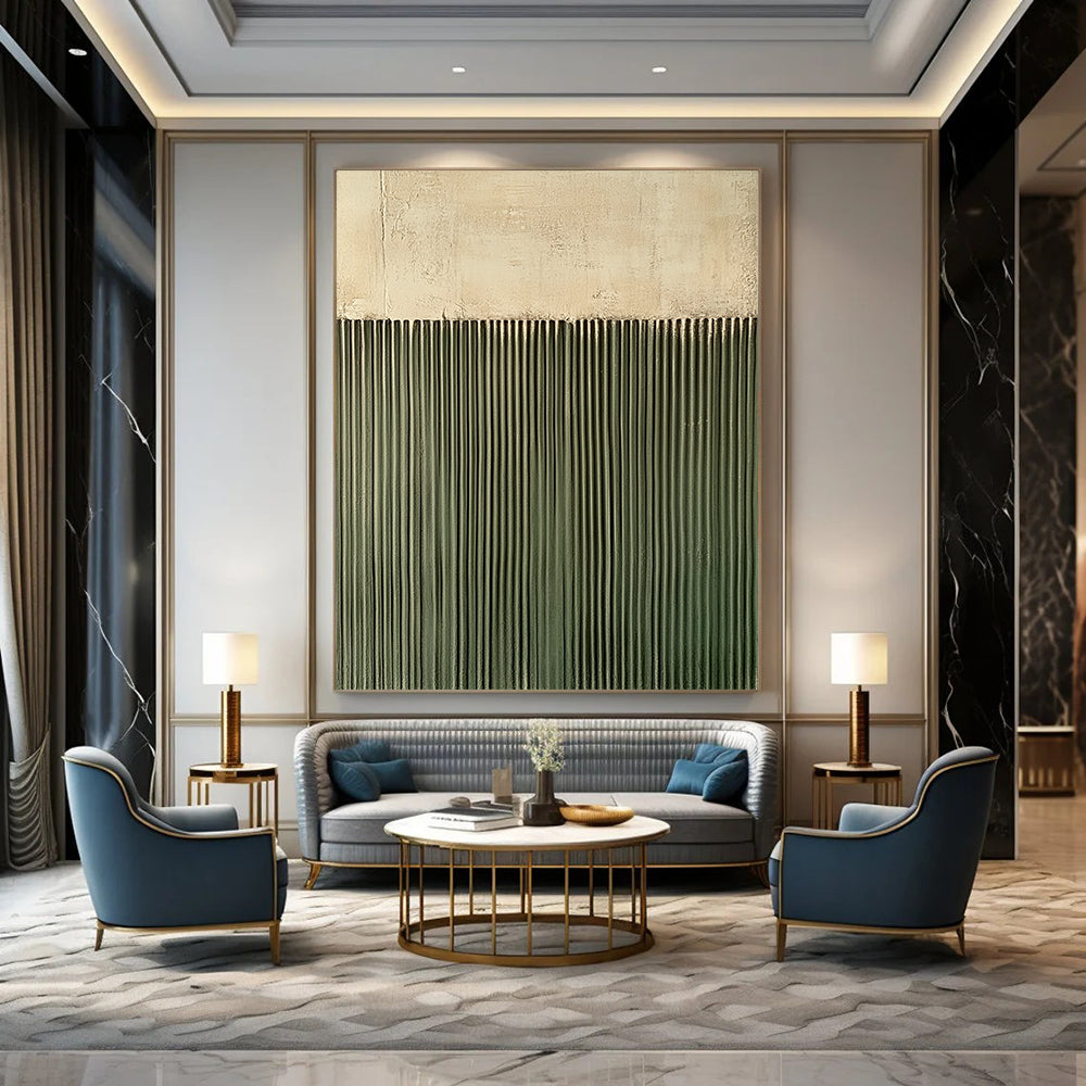 Contemporary hand-painted abstract art featuring a textured green wall with vertical lines against a soft gray background, creating a compelling visual contrast. DLZ1711