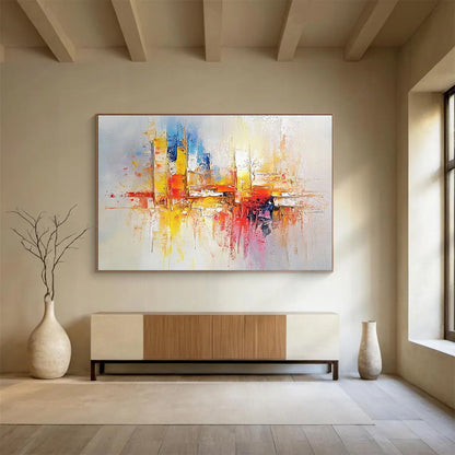“Colorful City Reflections” - Blue, Yellow, Red, Pink, Abstract Cityscape with Reflections Painting On Canvas HB1080