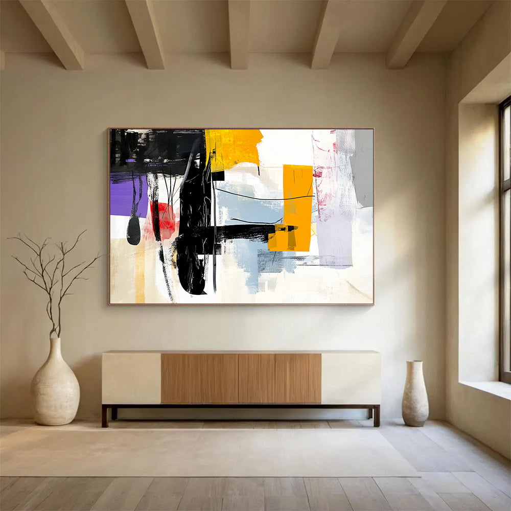 “Abstract Black, Yellow, and Colorful Shapes” - Black, Yellow, Colorful Palette, Abstract Shapes Painting On Canvas HB0863